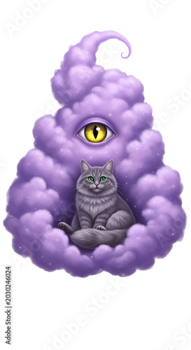 Fluffy Gray Cat Sits In Purple Cloud With All Seeing Eye