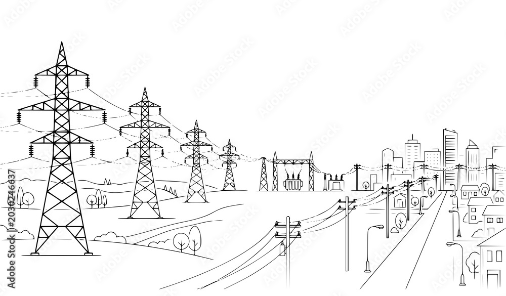 Fototapeta premium Electric power grid outline vector with transmission towers and energy lines