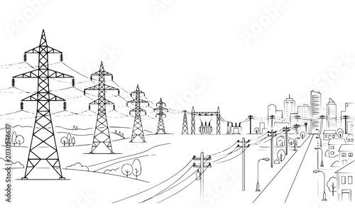 Electric power grid outline vector with transmission towers and energy lines