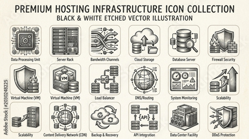 Quadro su tela Premium Hosting Infrastructure Icon Collection Black and White Etched Vector Illustration