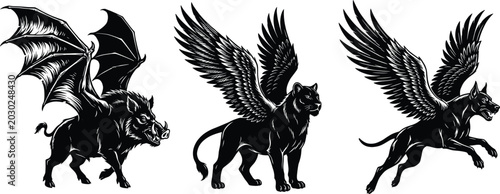 Foto Black and white vector illustration set of mythical winged beasts featuring a fl