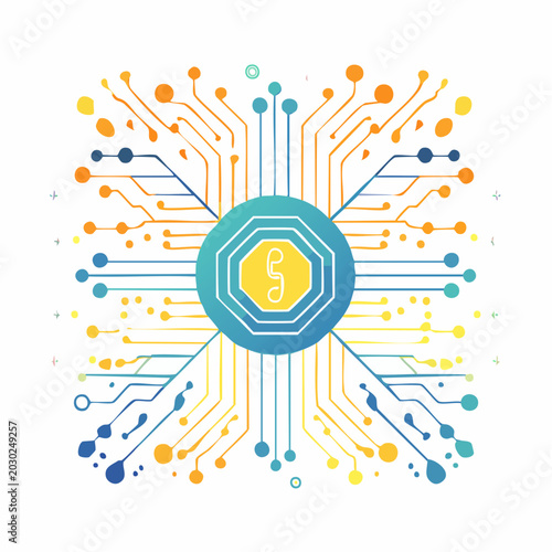 Abstract Digital Circuit Board with Central Octagon Symbol