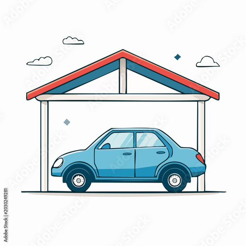 Blue car parked under a simple garage roof