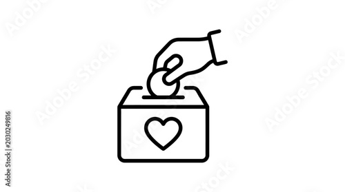 Foto Hand dropping coin into donation box with heart symbol, charity concept icon