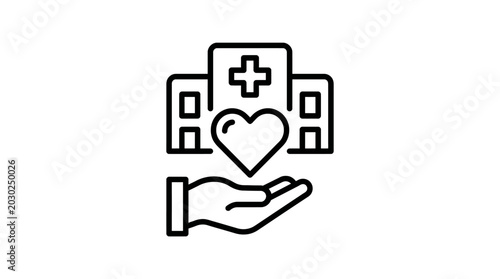 Foto Healthcare icon: hand holding heart and hospital building with cross symbol