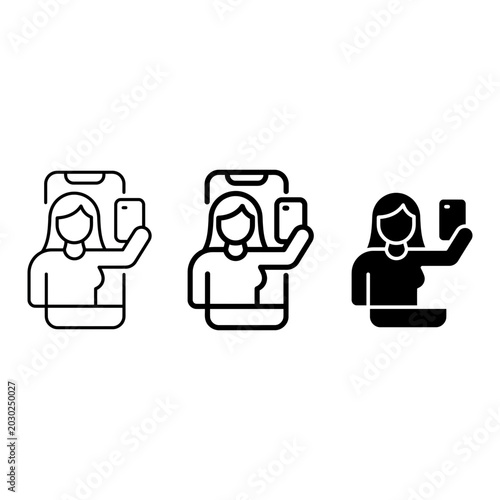 Woman Taking Selfie Icons, Mobile Photography Vector Graphics, Social Media Portrait Set