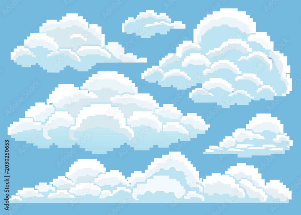 Fototapeta premium pixel art clouds fluffy white shapes on blue background
