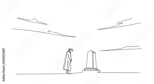 Foto Solitary figure contemplates gravestone in minimalist line art style