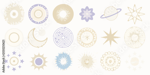 Schilderij op canvas collection of stylized sun and space themed symbols vector illustration