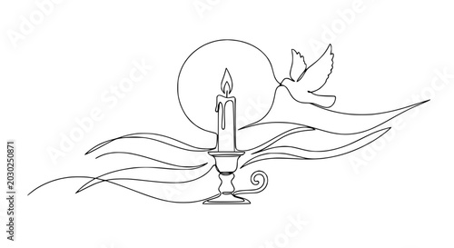 Schilderij op canvas Hopeful Candlelight and Dove Silhouette with Flowing Waves - Continuous Line Art