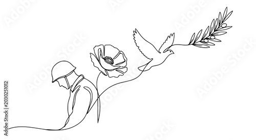 Foto Soldier, Poppy, Dove with Olive Branch - Symbol of Peace and Remembrance, Contin
