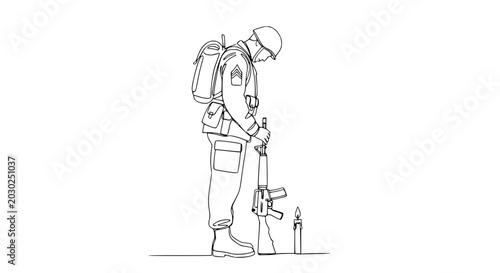 Foto Solemn Soldier, Candlelight Vigil, Mourning, Remembrance, Continuous Line Art