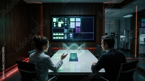 Two scientists in a dark wood-paneled research facility viewing a 3D holographic DNA double helix above a sleek conference table with a data dashboard in the background
