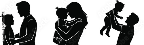 Quadro su tela Silhouettes of parents lovingly interacting with children showing family care, a