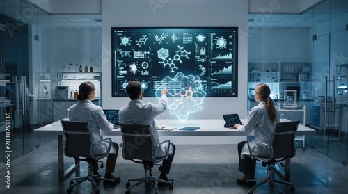 Three research scientists in white lab coats analyzing a 3D molecular holographic dashboard in a minimalist pharmaceutical drug discovery laboratory