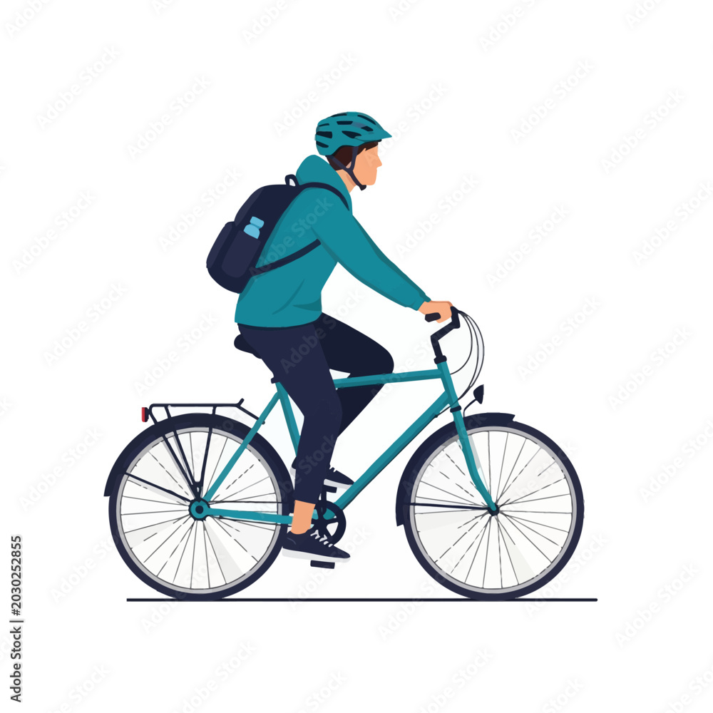 Naklejka premium Flat vector illustration of a male cyclist riding a teal commuter bicycle, wearing a blue helmet, hoodie, and backpack with a water bottle, side view isolated on white background.