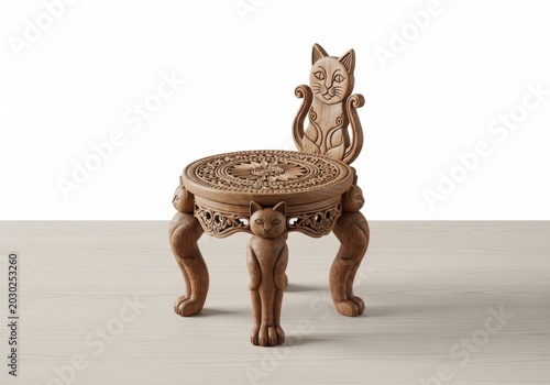 Intricate wooden chair with a cat figurehead and detailed carvings on the backrest