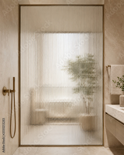 Warm modern bathroom with fluted glass shower screen brass fixtures soft beige stone walls blurred tub silhouette and serene spa atmosphere in a refined contemporary home retreat with soft light