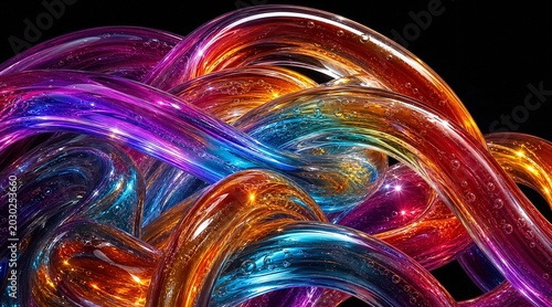 A mesmerizing abstract 3D composition isolated against a pure black background. 