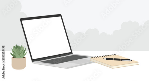 Tableau sur toile A modern minimalist workspace featuring a laptop with a blank screen, a small potted succulent, and a spiral notebook with a black pen