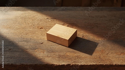 Small Wooden Block on Rough Wood Surface with Sunlight and Shadows