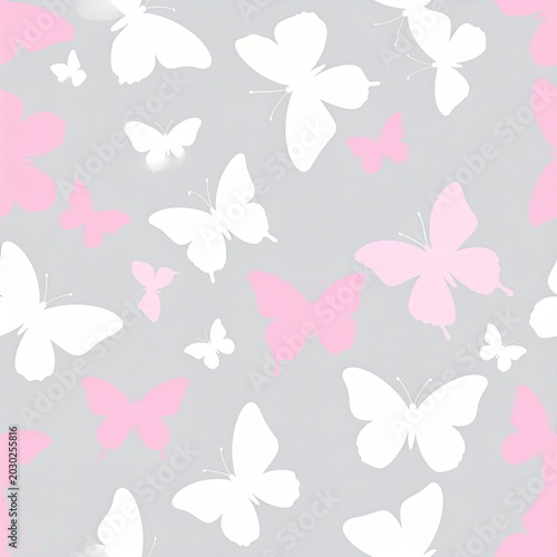 Pink & White Butterflies on Gray Background