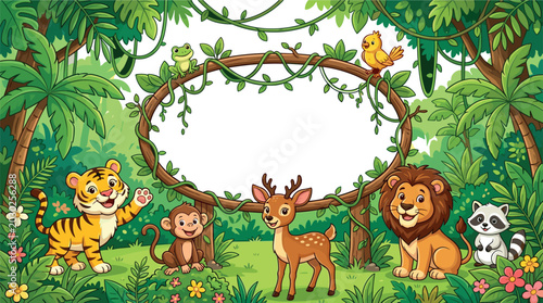 Photography Cute Cartoon Jungle Animals with Tiger, Lion, Monkey, Deer, and Raccoon Around V