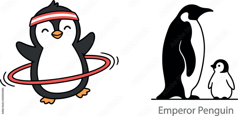 Obraz premium Cute Penguin Vector Set Featuring One Cartoon Penguin with Hula Hoop and One Emperor Penguin with Chick in Playful and Minimal Style