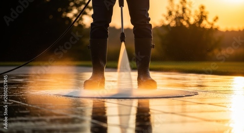 Person cleaning patio with pressure washer.