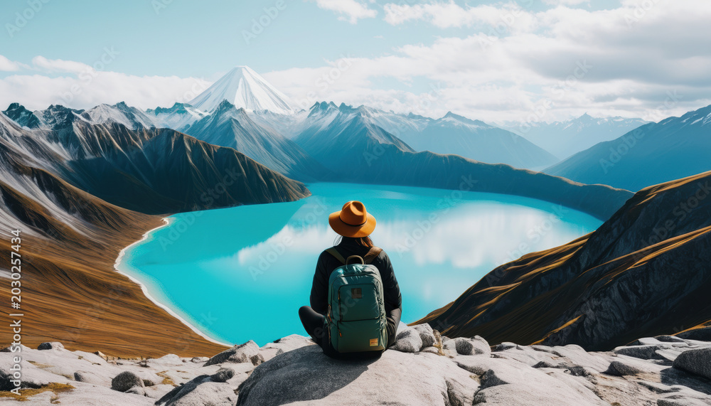 Fototapeta premium A woman wearing a hat and backpack sits on a rocky cliff viewing a bright blue alpine lake and mountains