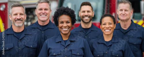 Firefighter fire station fire truck uniform group portrait us labor day celebration with smiling firefighter team uniform fire station near fire