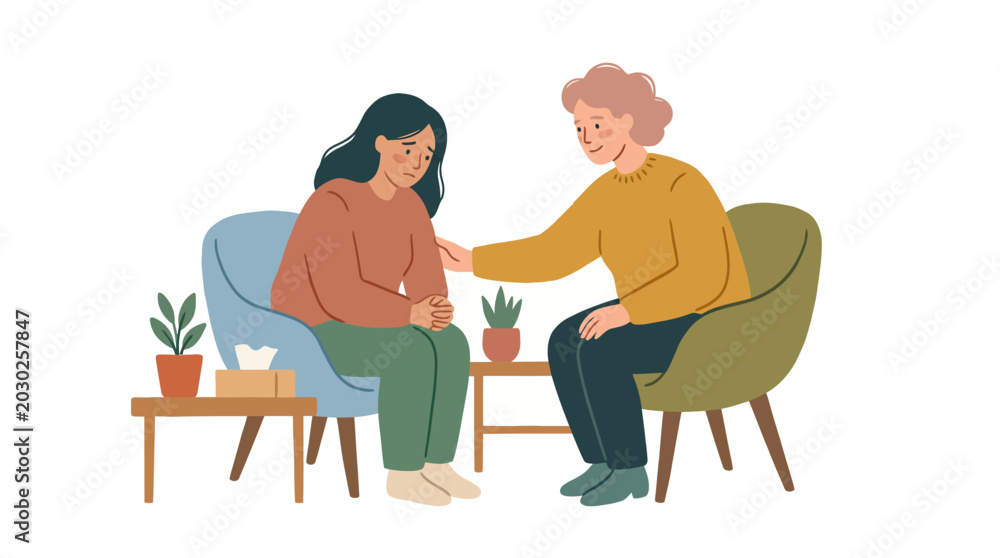 Fototapeta premium Man and woman sharing a supportive counseling conversation in a cozy room.