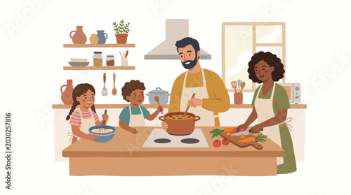 Schilderij op canvas Multicultural family cooking together in a bright home kitchen preparing a meal