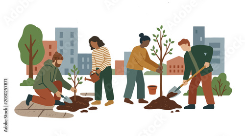 Billede på lærred Diverse volunteers planting trees in an urban community park for greener neighborhoods