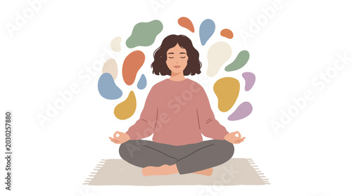 Photos Woman Meditating Cross-Legged with Colorful Abstract Background.