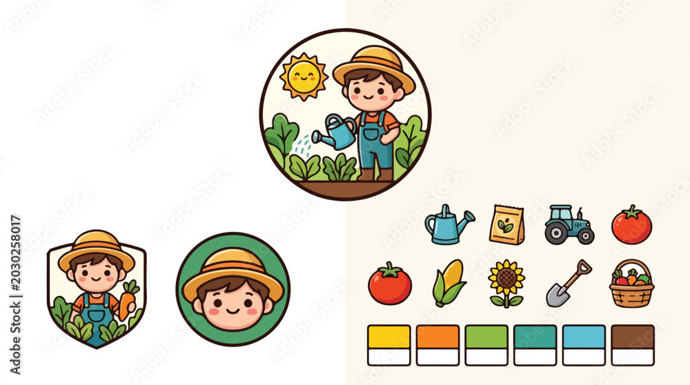 Obraz premium Cartoon farmer boy character icons.