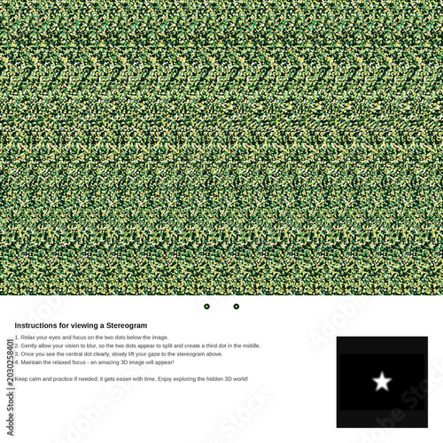 Billede på lærred Green textured autostereogram with instructions and depth map revealing a hidden