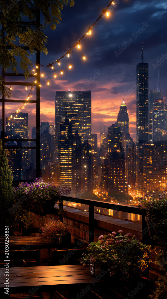 Fototapeta premium Rooftop terrace city skyline sunset string light skyscraper urban night us labor day evening celebration with warm string light glowing above