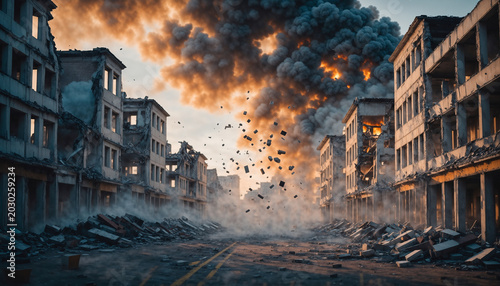Ruined city street with massive explosion, smoke, and debris
