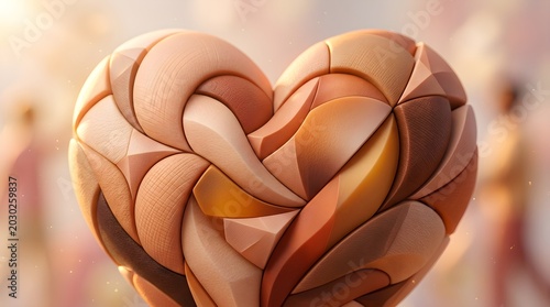 Heart sculpture formed from interlocking skin-toned geometric pieces appears.