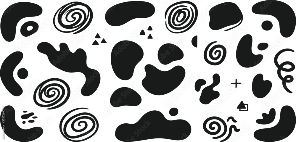 Fototapeta premium Abstract Organic Blob Shape Collection Featuring Minimal Black Fluid Elements, Hand Drawn Swirls, and Modern Artistic Vector Design Components