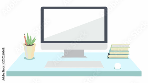 Cuadro en lienzo computer monitor with desk and office supplies flat vector illustration
