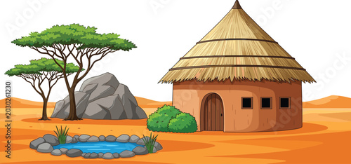 Photos African Rural Landscape with Traditional Hut, Thatched Roof House, Acacia Tree,