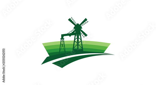 Green Windmill and Power Transmission Tower Illustration Design.
