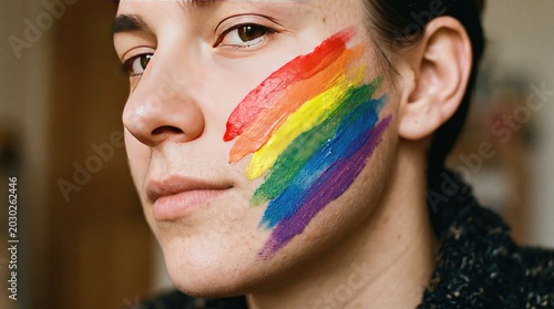 Young person with rainbow colors painted on their cheek supporting