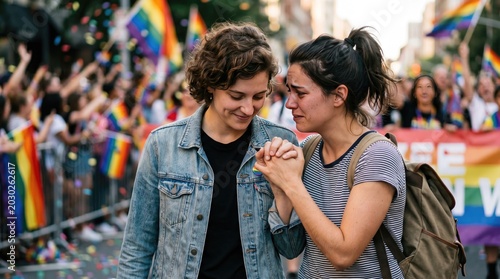 LGBTQ couple holding hands smiling at pride parade with rainbow flags