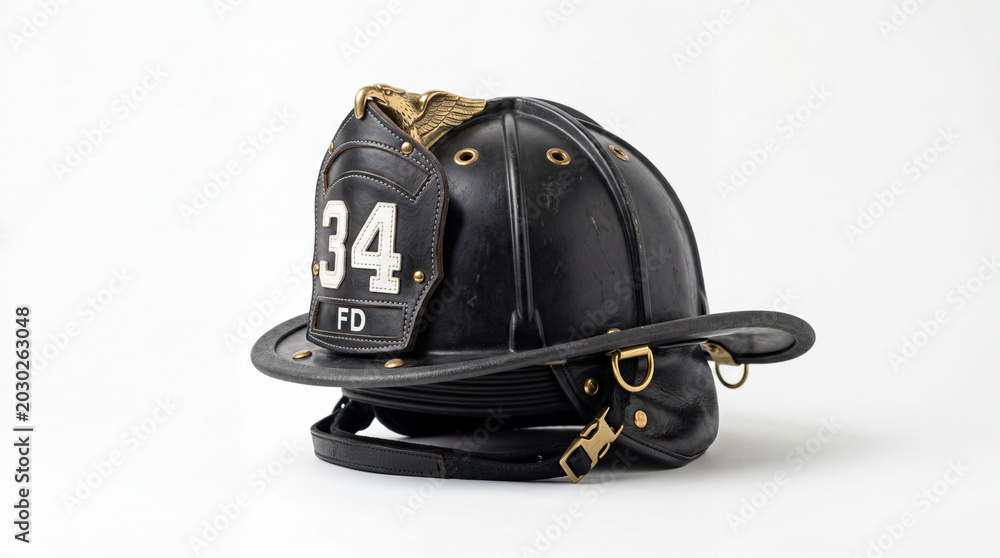 Fototapeta premium Professional emergency firefighter helmet object isolated on seamless white background for safety rescue concept branding