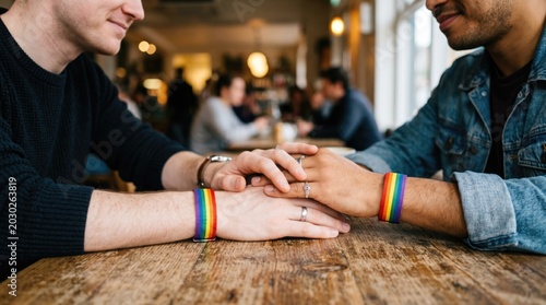 Two men sitting at a wooden table wearing rainbow bracelets