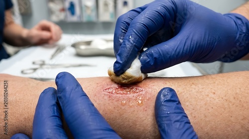 Medical Professional Treating Wound on Patient Arm with Cotton Swab in Clinical Setting