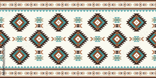 Bild auf Leinwand Seamless southwestern tribal geometric fabric pattern with turquoise, brown, beige, and terracotta ethnic ornament design for textile, fashion, and home decor